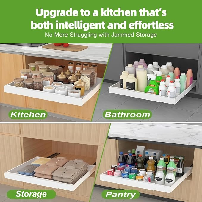 ANTOWIN 1Pack Expandable Pull Out Cabinet Organizer 16.5"Deep (12.2"-20.5" Width), Slide Out Drawers for Kitchen Cabinets, Roll Out Shelves Adhesive with 3-Layer Steel, for Cabinets Without Lip, White