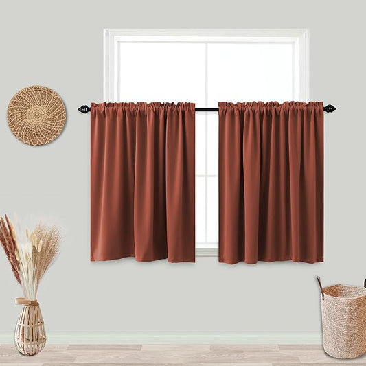 KOUFALL Boho Fall Small Window Curtains for Kitchen Over Sink,Cafe Blackout Vintage Rustic Farmhouse Terracotta Curtains 24 Inch Length