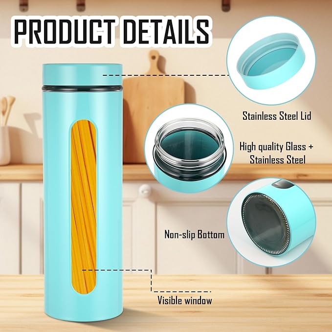 Mimorou 3 Pcs Stainless Steel Canister Set with Glass Windows Visible Storage Jars Silver Kitchen Canister Set for Pasta Flour Oat Sugar Container, Kitchen Tools, Housewarming Gifts(Turquoise,60 oz)