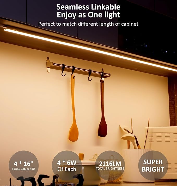 Leetdud Under Cabinet Lighting Plug in, 16 Inch 4 Pcs, Linkable AC120V 3CCT 3000K/4000K/5000K Ultra Slim, LED Under Cabinet Lights for Counter Light, Kitchen, Shelf, Sink, Workshop, Desk, Bronze