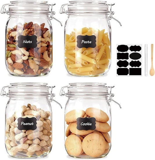 Flrolove Glass Kitchen Storage Canister Mason Jars with Lids,32oz Airtight Glass Canister with Hinged Lid，Perfect for Kitchen Canning Cereal,Pasta,Sugar,Beans (Labels & Chalk Marker)-Set of 4