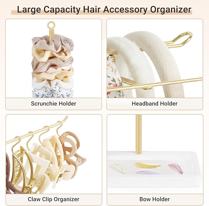 Dahey Headband Holder Multifunctional Hair Accessories Organizer Display Hairbands Claw Clips Scrunchie Metal Storage Stand Stylish Bedroom Dorm Bathroom Vanity Decor for Girls Women, Gold