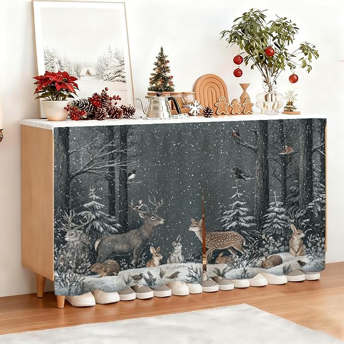 Self Adhesive Forest Animals & Deer Cabinet Curtain for Mother's Day, 39x28 Inch Dark Woodland Under Sink Skirt No Drill, Spring Cleaning Kitchen Decor, Hook and Loop Laundry Valance