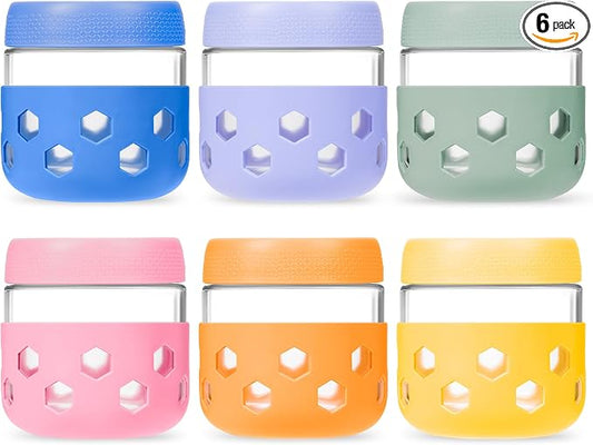 Gemice 6-Pack 10oz Glass Mason Jars with Silicone Sleeves, Airtight BPA-Free Overnight Oats Containers with Lids, Dishwasher Safe Leak-Proof Meal Prep Jars for Chia Pudding, Yogurt, Snacks