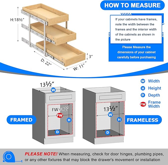 WelFurGeer 3-Tier Pull Out Cabinet Organizer with Soft Close, Heavy-Duty Pull Out Drawers for Cabinets, Slide Out Shelf for Kitchen, Pantry, Bathroom & Under Sink, Solid Birch Wood