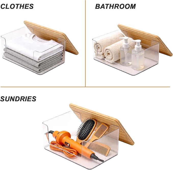 1 Pack Trash Bag Holder, Stackable Garbage Bag Dispenser with Bamboo Lid – Clear Plastic Organizer, Space-Saving Under Sink Storage for Kitchen, Laundry Room, Pantry & Cabinet