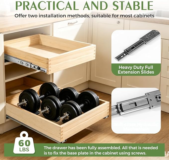 Wooden Pull Out Cabinet Organizer 24" W x 21" D x 3" H Solid Wood Drawer with Soft Close Slides Bottom or Side Mount for Pantry Bathroom
