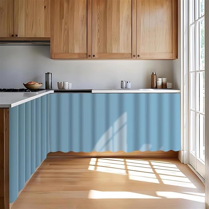 Under Sink Curtain for Closet, Privacy Short Cabinet Curtain Self Stick Adhesive Desk Skirt for Kitchen Classroom, Sky Blue, 35" W x 28" L
