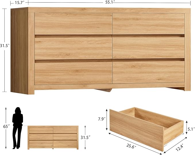 TEENFON 55" Dresser for Bedroom with 6 Drawers, Modern Dressers & Chests of Drawers with Metal Handles, Wooden Dresser TV Stand, Bedroom Dressers, for Bedroom, Hallway, Natural