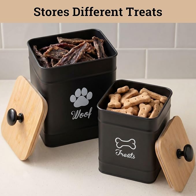 Dog Treat Container Airtight Set of 2 - 8x6 & 7x5 inch Iron Dog Treat Jars for Kitchen Counter with Airtight Bamboo Lids - 20 Cup Capacity Pet Treat Container Set - Doggie Cookie Jar - Treats Canister