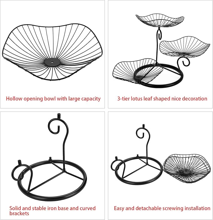 OwnMy 3-Tier Fruit Basket Stand Decorative Iron Fruit Bowl, Black Metal Wire Fruit Holder Trays for for Vegetables Bread Snack, Modern Lotus Fruit Bowls for Kitchen Counter Dining Table