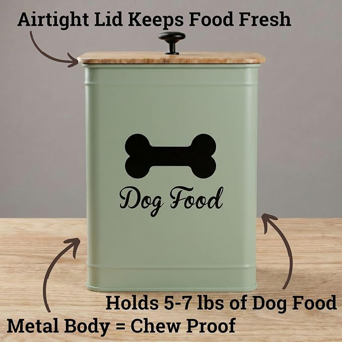 Dog Food Container Airtight 5-7 lb (25 Cup) Capacity - Cute Airtight Dog Food Storage Container with Bamboo Lid & Sturdy Metal Handle - Green Metal Kibble Storage Bin for Dogs up to 50 lbs - Pet Jar