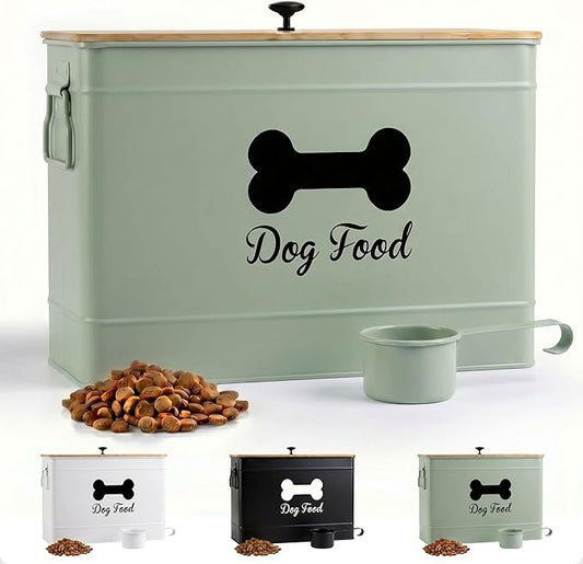 Dog Food Container Airtight 15-20 lb (70 Cup) Capacity with Metal Scoop - Cute Airtight Dog Food Storage Container with Bamboo Lid - Green Metal Kibble Storage Bin for Dogs up to 100 lbs - Big Pet Jar