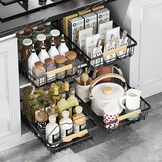Takywep Pull Out Cabinet Organizer, No Drill Adhesive Pull Out Drawers, Pantry Organizers with 2 Iron Wires & Quiet Rails, Slide Out Cabinet Organizer for Bathroom, Kitchen, Pantry, White