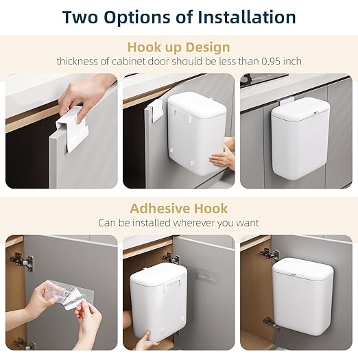 MUEE Compost Bin Kitchen for Counter Top or Under Sink, Hanging Small Trash Can with Lid [1.3 Gal/5L], Food Waste Bin, Mountable Garbage Can for Cupboard/Bathroom/Bedroom/Office/RV, Matte White
