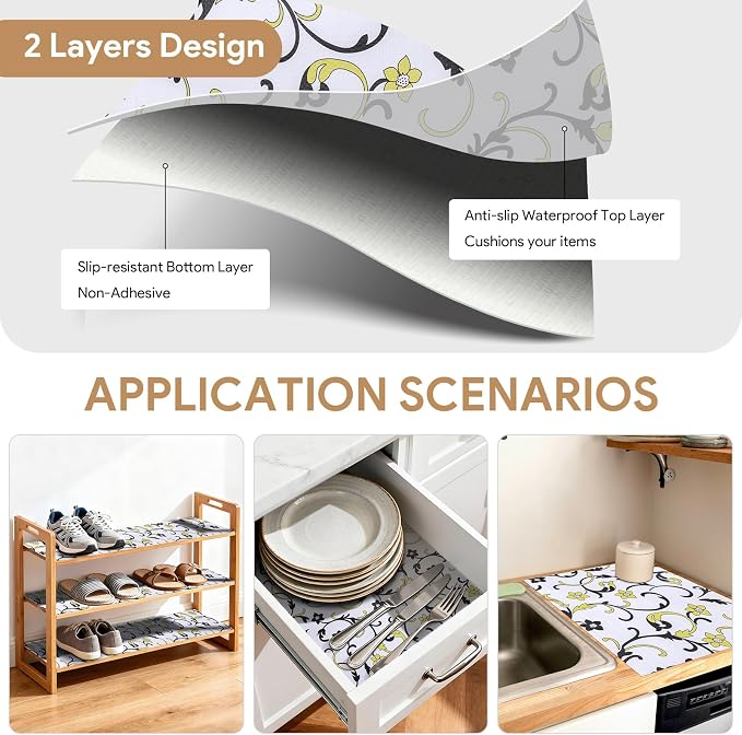 Shelf Liners Non Adhesive 3Rolls*12'' X 120'' Drawer Liner for Kitchen Cabinets, Waterproof Shelf Liners Durable Anti-Slip for Kitchen Cabinets Cupboard Liner