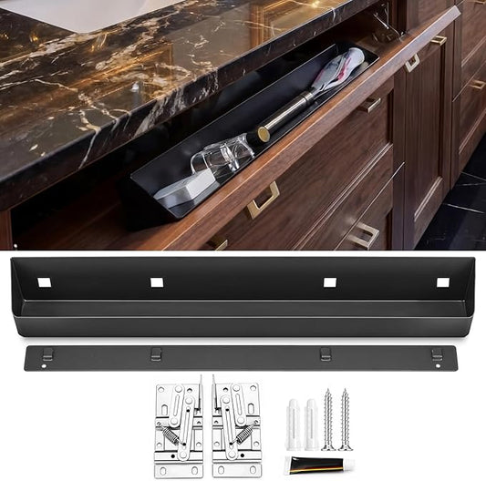 Zonon 1 Set 22 Inch Tip Out Tray for Front Sink Drawer with Hinges and Mounting Plate Includes Screws and No-Drill Adhesive, Metal Pull Out Storage Organizer for Kitchen Bathroom Cabinet