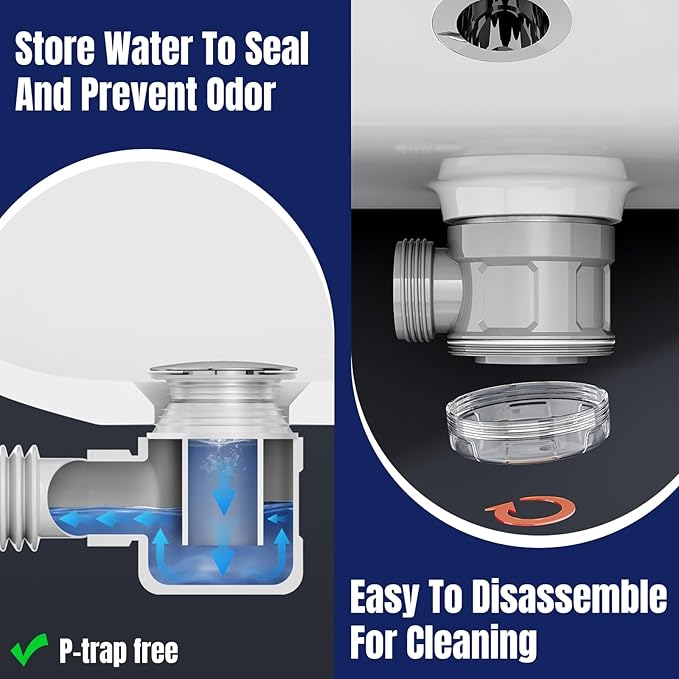 Bathroom Sink Drain Kit with Flexible Expandable Pipe: Odor-Free & Backflow-Preventing, Space-Saving Design without a P-trap, For 1-1/4'' & 1-1/2'' Drain Hole (Gold, Without Overflow)