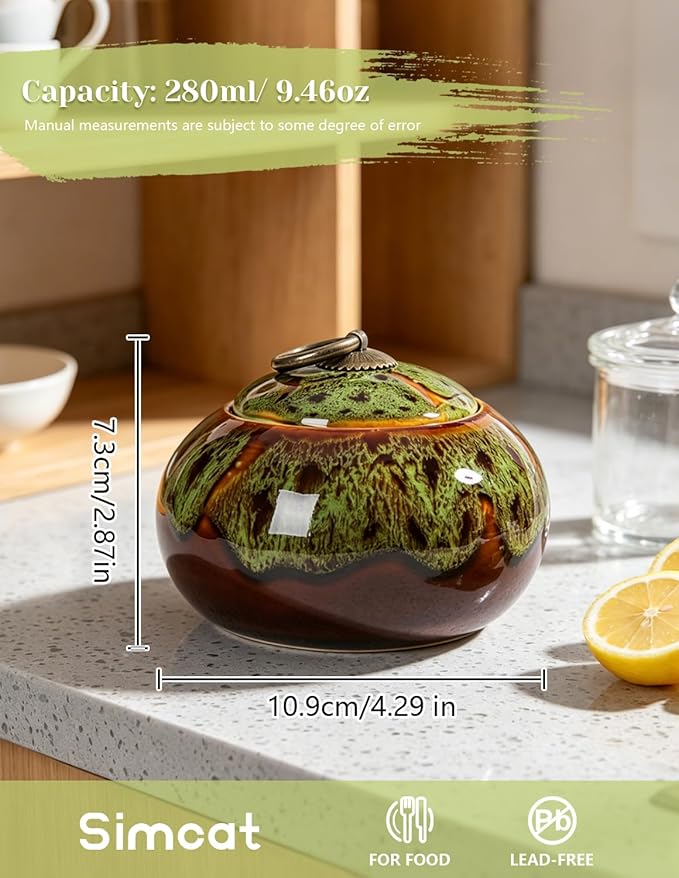 Simcat Ceramic Storage Jars, Exquisite Glaze Food Canisters for Kitchen Spice Storage,Tea Caddy Storage,Coffee Jar,Condiment Jar with Seald Lid (Green B)