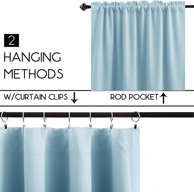 KOUFALL Light Blue Blackout Curtains for Kitchen Girls Bedroom 2 Panels Set Short Room Darkening Curtains for Small Bathroom Windows 30 Inch Length