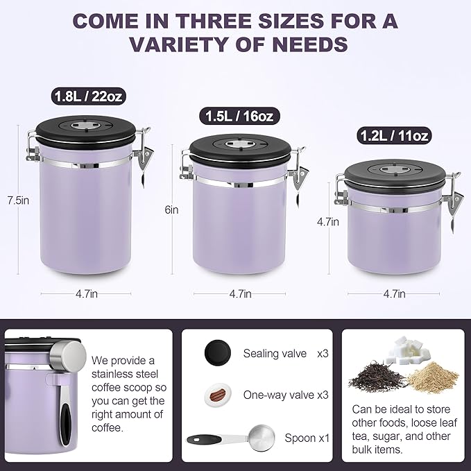ShanSon Coffee Canister Airtight, Stainless Steel Bean Storage Container with Date Tracker & Scoop, Grounds Sugar Flour Tea Cereal Fits Kitchen Pantry, Ideal Gift for Coffee Lovers,16oz, Purple