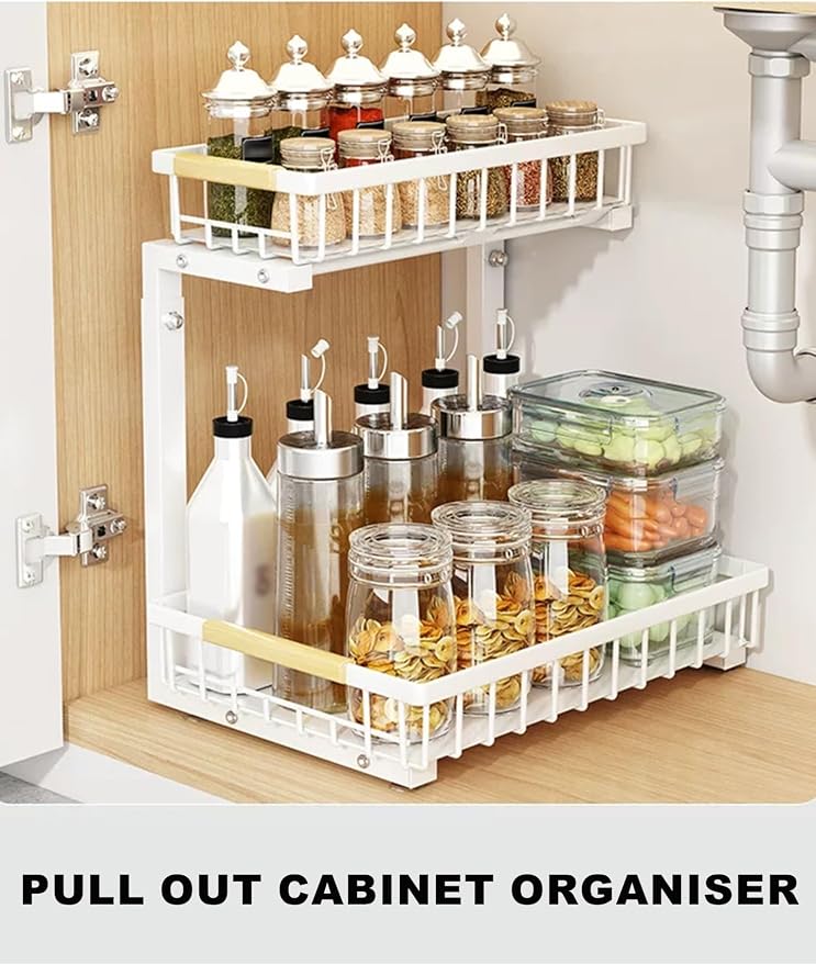 Shelf Pull Out Cabinet Organizer Kitchen Cupboards Storage Solutions No Drill Adjustable Baskets for Bathroom(Milk)