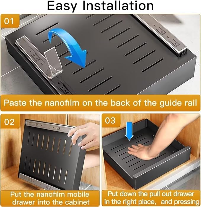 Drill Free Pull Out Cabinet Heavy Duty Sliding Drawer Shelf 25cm W x 43cm D x 9cm H Extendable Storage Solution with Adhesive Film White，Black 25cm
