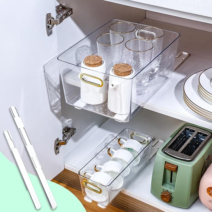 CroBlissful 8 Pcs Adhesive Sliders for Cabinets Pull Out Drawer Organizer Accessories Basket Office Glide Cabinet Tracks Runner Adhesive Drawer Slides Pull Out Replace Guide Rail for Back to School