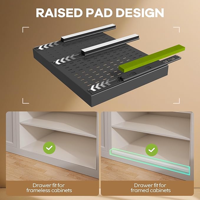 Seinloes 4 Pack Pull out Cabinet Organizer 21" Deep With Raising Pad for Framed Cabinets,Expandable (15.2"-26.3"W) Slide out Drawers for Kitchen Cabinets with 4pcs Divider Racks,Roll out Shelves,Black