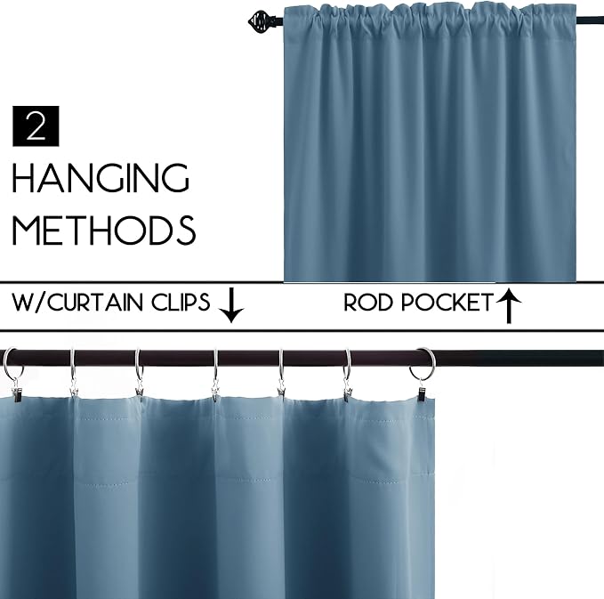 KOUFALL Dusty Blue Kitchen Curtains,Small Blackout Short Vintage Curtains for Bedroom,24 Inch Length,Stone Blue/Grey Blue