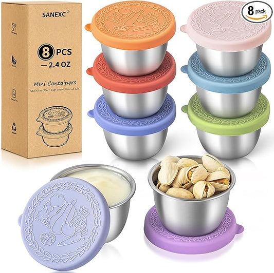 SANEXC 8 Pack - 2.4 Oz Small Salad Dressing Containers To Go, Leakproof Condiment Containers with Lids Reusable Stainless Steel Sauce Cups for Lunch Boxes Kitchen Storage Picnics Travel Meal Prep