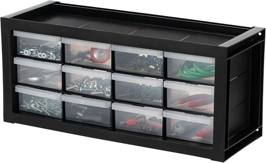 IRIS USA 12-Drawer Desk Storage Organizer, Made in USA, Small Parts Plastic Storage Drawers, Water Packet, Jewelry, Make up, Craft Supplies, Building Blocks, Charms, Nuts & Bolts, Black