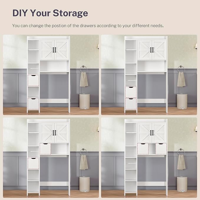 TEENFON Over the Toilet Storage Cabinet with 2 Removable Drawers, Above Toilet Storage Cabinet with 10 Storage Shelves, Taller Wooden Free Standing Bathroom Storage, Laundry Room Storage Shelf, White