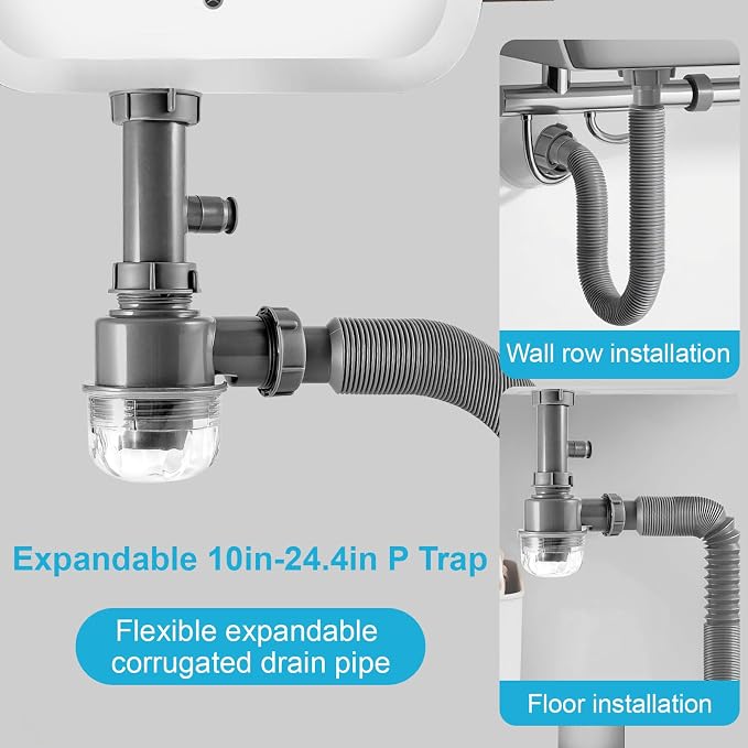 1-1/2" Flexible Sink Drain Pipe, Expandable Drain Hose, Adjustable Under Sink Drain Extension Tube 10" to 24.4", Thickened PP Sink Drain Replacement Hose for Kitchen Bathroom RV Sink, 2 Pack