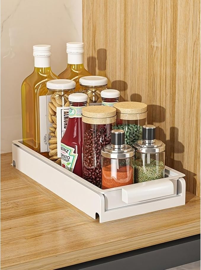 Pull Out Spice Rack for Upper Cabinet - Expandable Organizer with Smooth Ball Bearing Slides, No Drill Mounting Spice Storage for Kitchen (White)