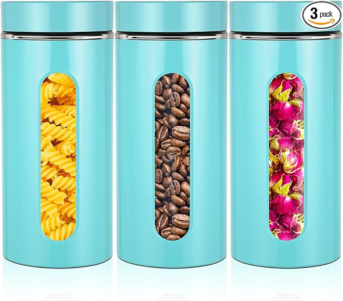 Mimorou 3 Pcs Stainless Steel Canister Set with Glass Windows Visible Storage Jars Silver Kitchen Canister Set for Pasta Flour Oat Sugar Container, Kitchen Tools, Housewarming Gifts(Turquoise,44 oz)