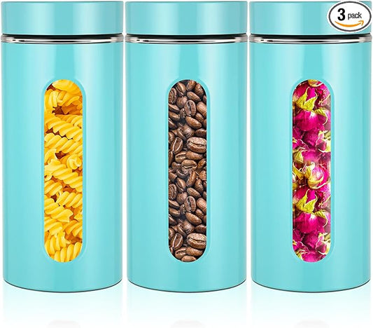 Mimorou 3 Pcs Stainless Steel Canister Set with Glass Windows Visible Storage Jars Silver Kitchen Canister Set for Pasta Flour Oat Sugar Container, Kitchen Tools, Housewarming Gifts(Turquoise,44 oz)