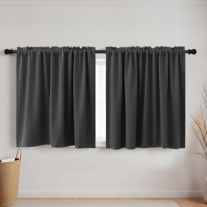 KOUFALL Dark Grey Small Curtains for Bathroom Windows Rod Pocket Storage Under Cabinet Covers for Kitchen Grey 24 Inch Length