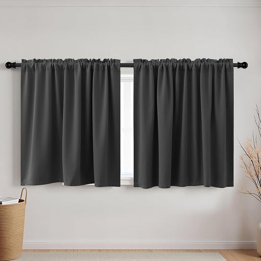 KOUFALL Dark Grey Small Curtains for Bathroom Windows Rod Pocket Storage Under Cabinet Covers for Kitchen Grey 24 Inch Length