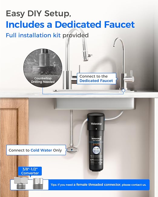 Waterdrop 10UB Under Sink Water Filter System with Faucet, Reduces PFAS, PFOA/PFOS, Lead, Chlorine, Bad Taste & Odor, NSF/ANSI 42 Certified, Under Sink Water Filter with Faucet, 1 Year
