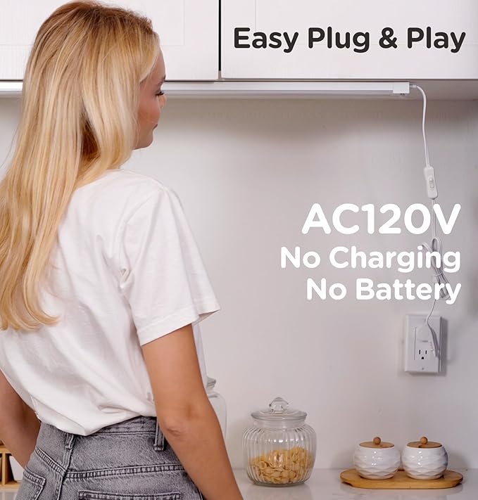 Under Cabinet Lighting Plug in 10in AC120V with Motion Sensor 3000K/4000K/5000K, Super Bright, Linkable Under Counter Light for Kitchen, Shelf, Sink, Closet, Aluminum White 1Pack