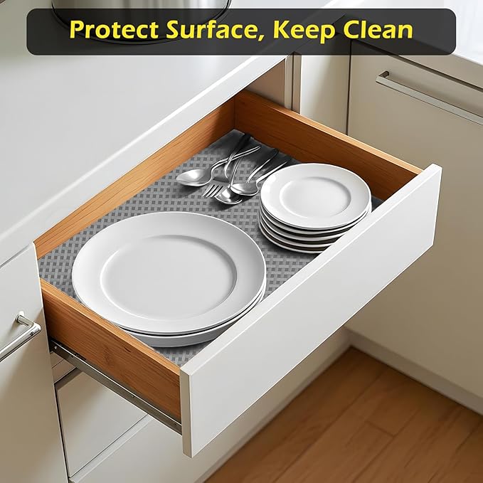 Refrigerator Liner, Waterproof Shelf and Drawer Liners for Kitchen Cabinet, Bathroom Under Sink Mat Non Adhesive Fridge Liner EVA Place Mats Roll - Grey 17.7"×197"