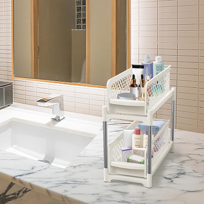 Under Sink Organizer, 2 Tier Bathroom Organizer Under Sink, Pull-Out Sliding Under Kitchen Cabinet Storage Rack, Multi-purpose Organizer Storage Shelf for Bathroom Kitchen, White, 2 Pack