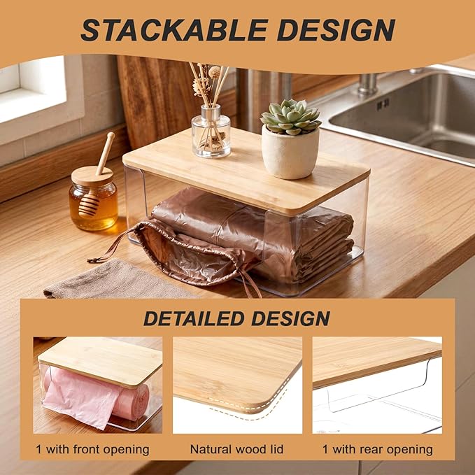 2 Pack Trash Bag Holder, Stackable Garbage Bag Dispenser with Bamboo Lid – Clear Plastic Organizer, Space-Saving Under Sink Storage for Kitchen, Laundry Room, Pantry & Cabinet