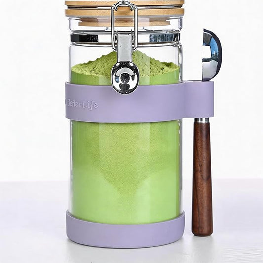 KKC Airtight Glass Matcha Container with Spoon - 1200ml (40oz) Large Matcha Storage Jar with Bamboo Lid to Preserve Freshness, Food-Grade Canister for Matcha Powder, Tea