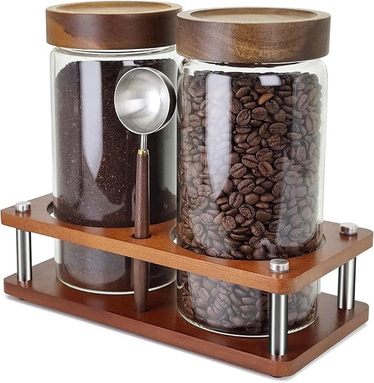 Glass Coffee Grounds Container with Shelf, 2 × 45 oz Glass Coffee Canisters with Airtight Thread Lid, Storage Jars with Stainless Steel Spoon for Coffee Bean, Sugar,Nut