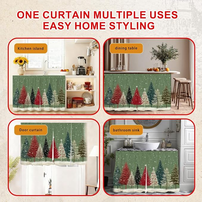 Winter Colorful Pine Trees Snowfall Scene Cabinet Curtain 39.37 x 27.56 Inch Polyester Decorative Cover for Kitchen Sink Cabinet Bathroom Vanity Laundry Area Table Window Door