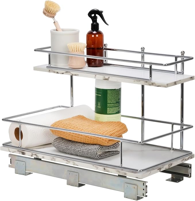 Household Essentials Chrome Steel and Faux Marble 2-Tier Undersink Organizer