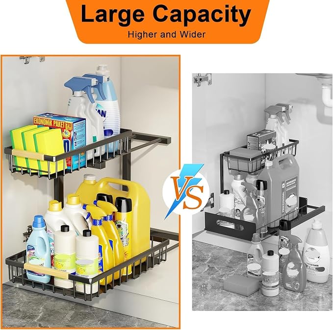 Under Sink Organizer and Storage, 2-Tier Pull Out Cabinet Organizers Shelf, Metal Sliding Drawers Shelves for Kitchen Bathroom Closet Organization
