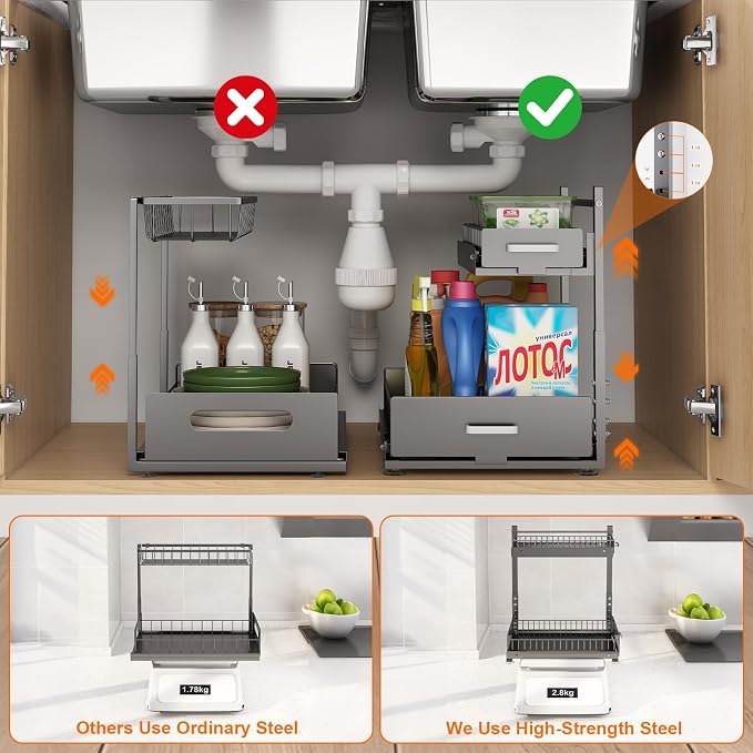 Under Sink Organizer, 2 Tier Slide Out Cabinet Organizer with Pulley, Height Adjustable Pull Out Shelf for Kitchen, Bathroom, Laundry and Utility Storage, Gray, 1 Pack